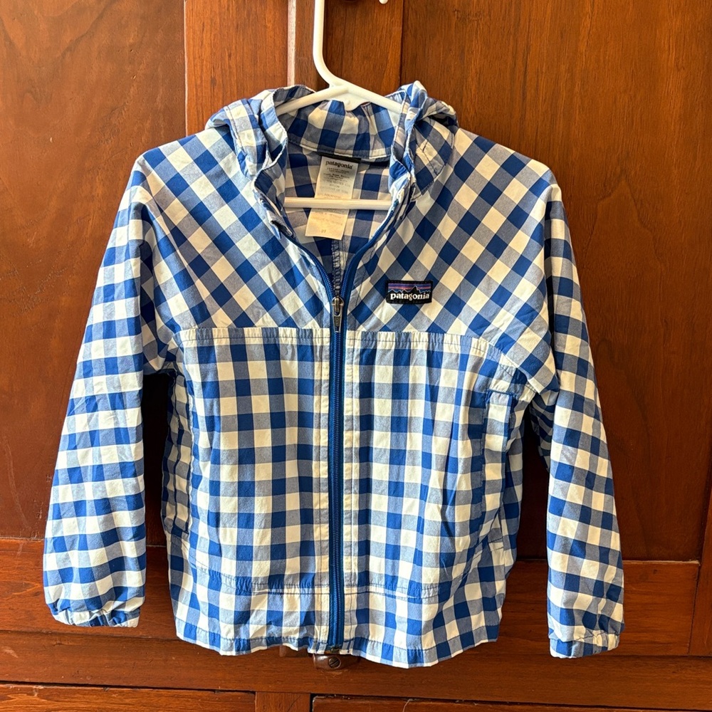 Patagonia Blue & White Checked Hooded Windbreaker